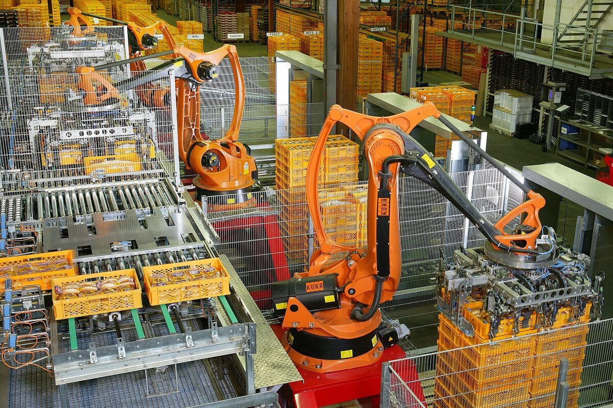 Factory automation robots in an industrial production line