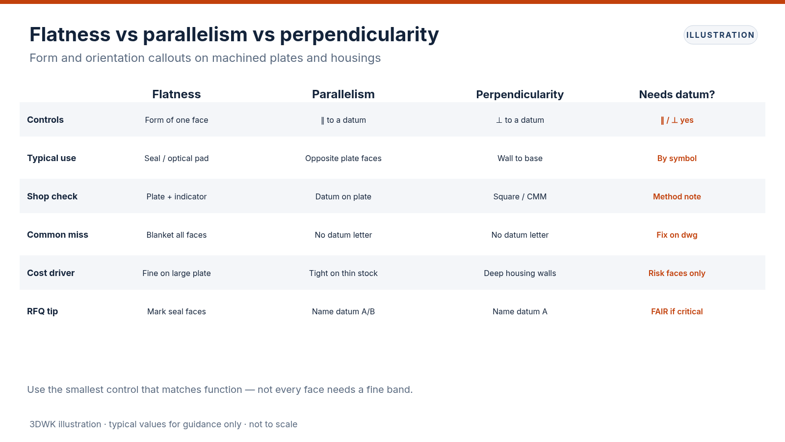 Comparison table of flatness, parallelism and perpendicularity covering what each controls, typical uses and whether a datum is required