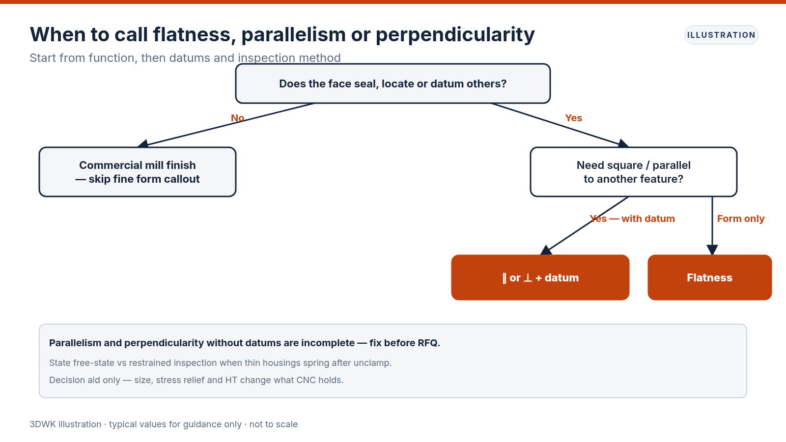 Decision flowchart choosing flatness versus parallelism or perpendicularity with datums based on seal and locate function