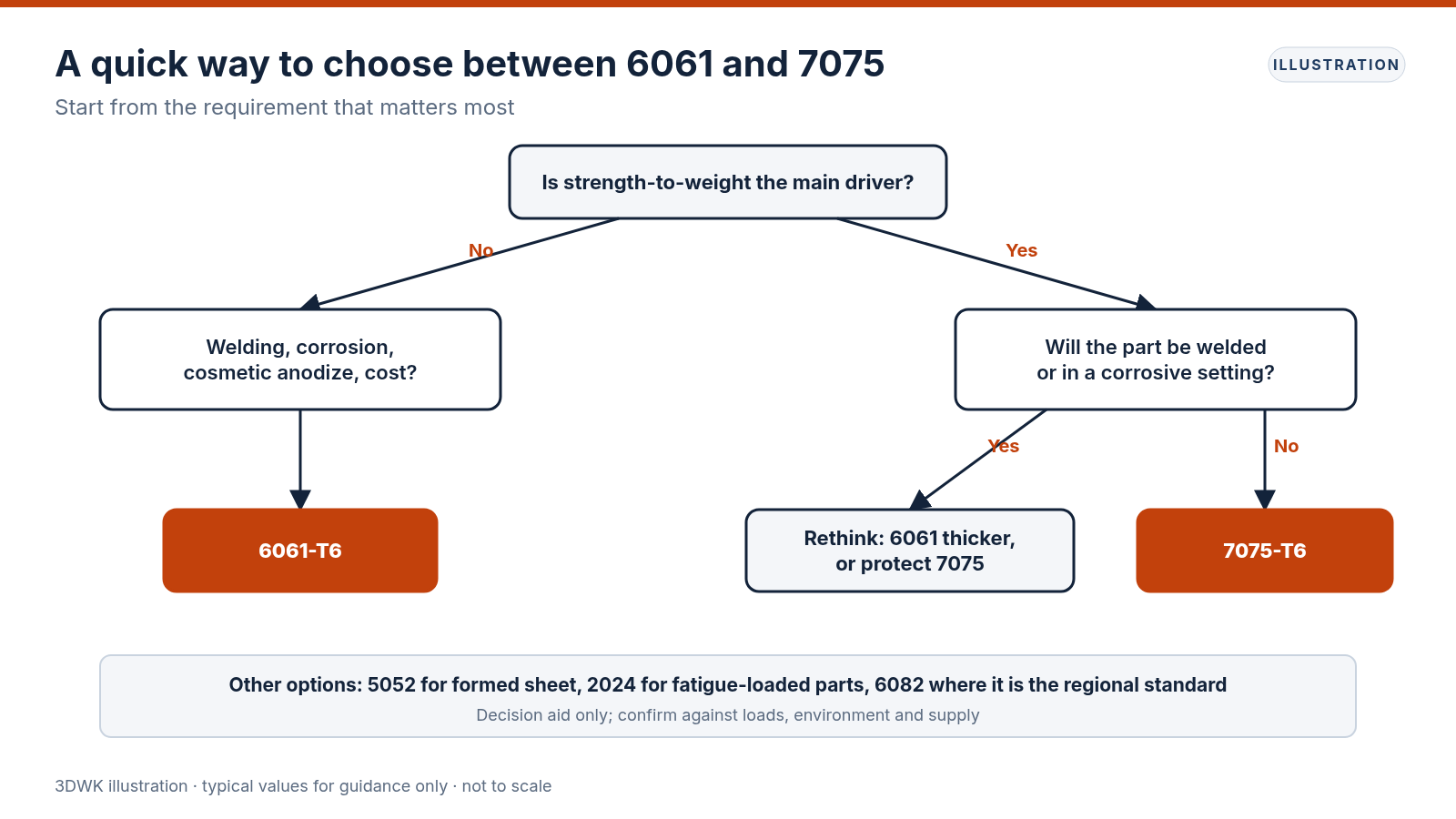 Decision flowchart for choosing between 6061 and 7075 aluminum based on welding, strength, corrosion and anodizing needs