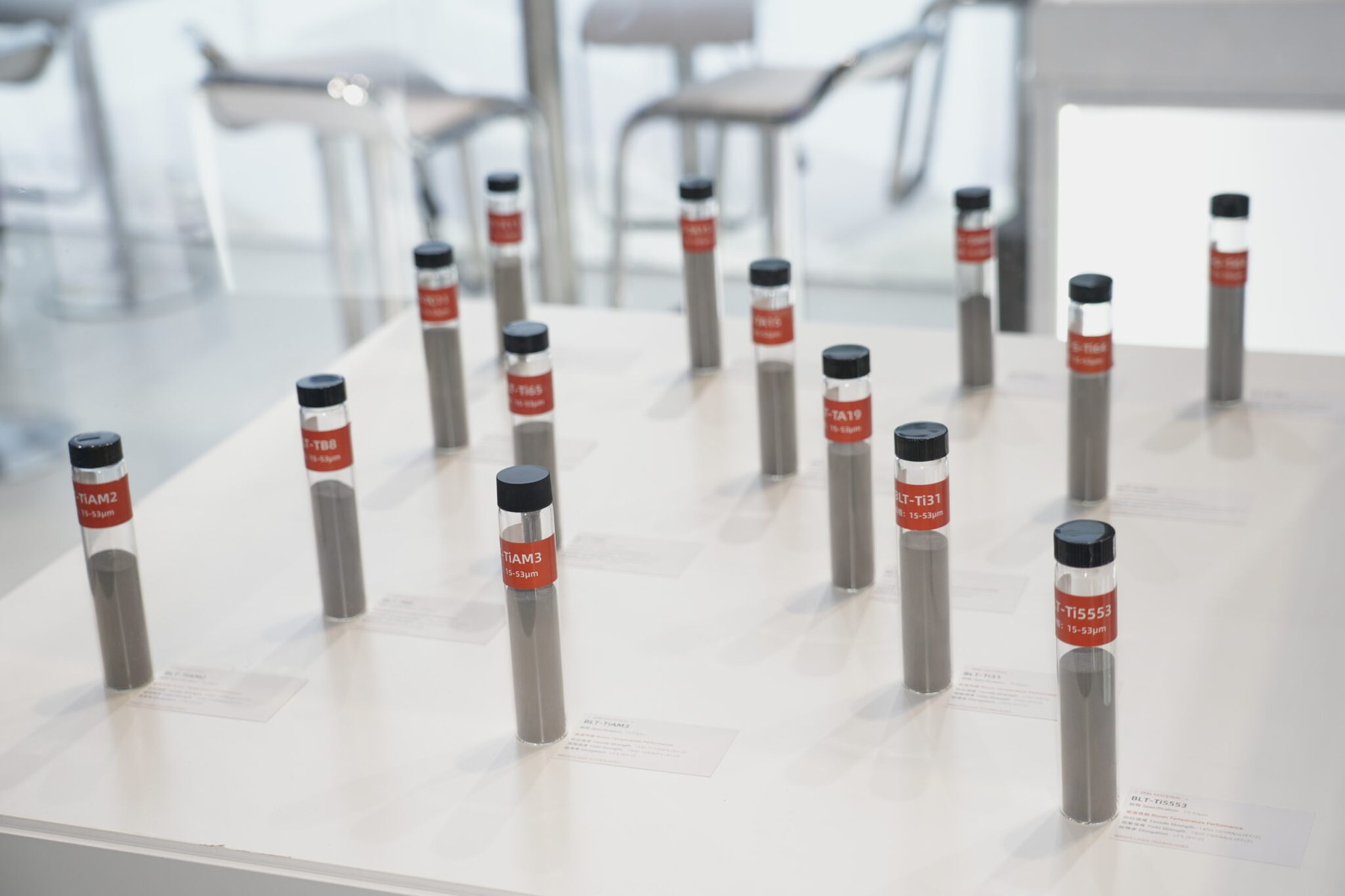 Close-up exhibit photo of titanium additive manufacturing powder feedstock