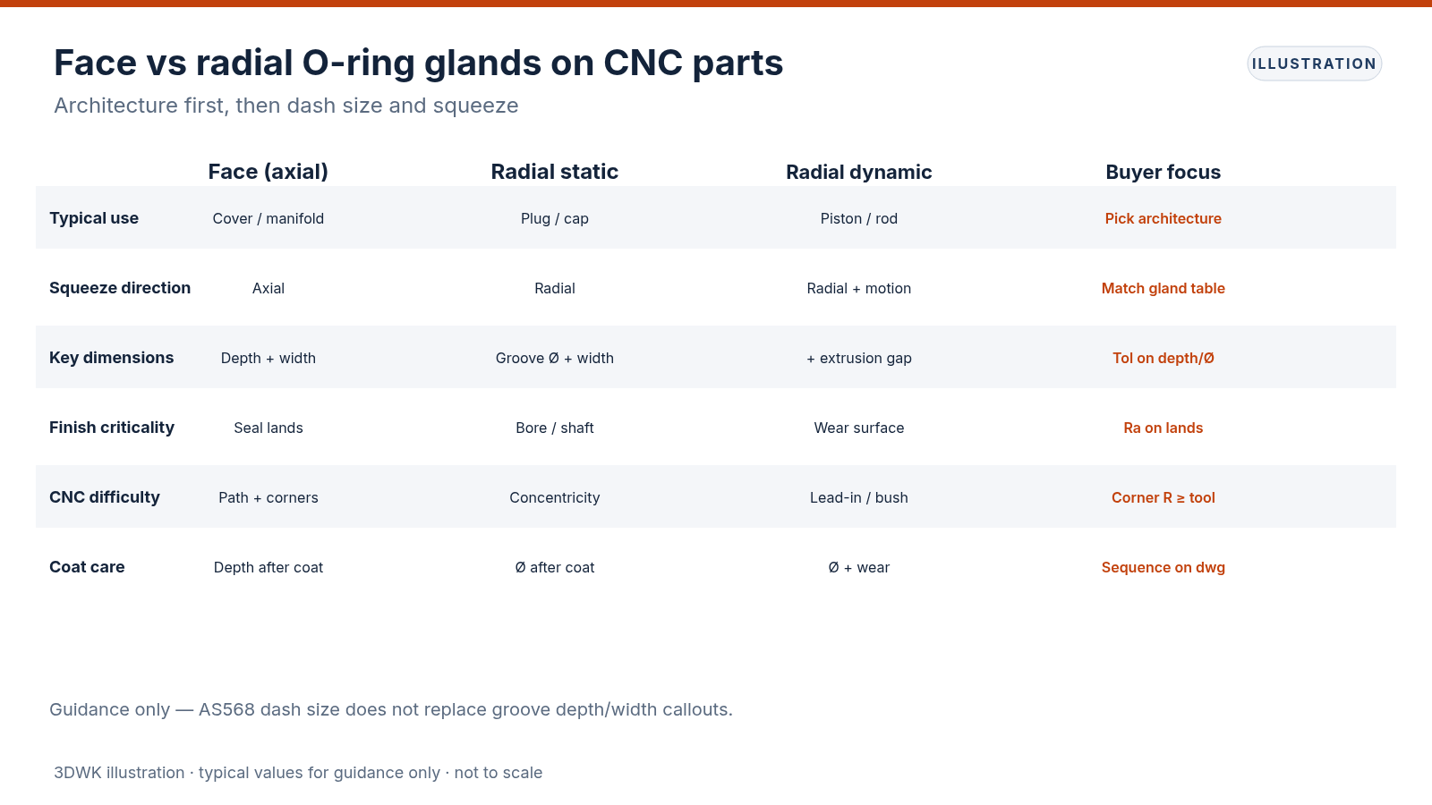 Comparison table of face axial, radial static and radial dynamic O-ring glands covering squeeze, dimensions and CNC care