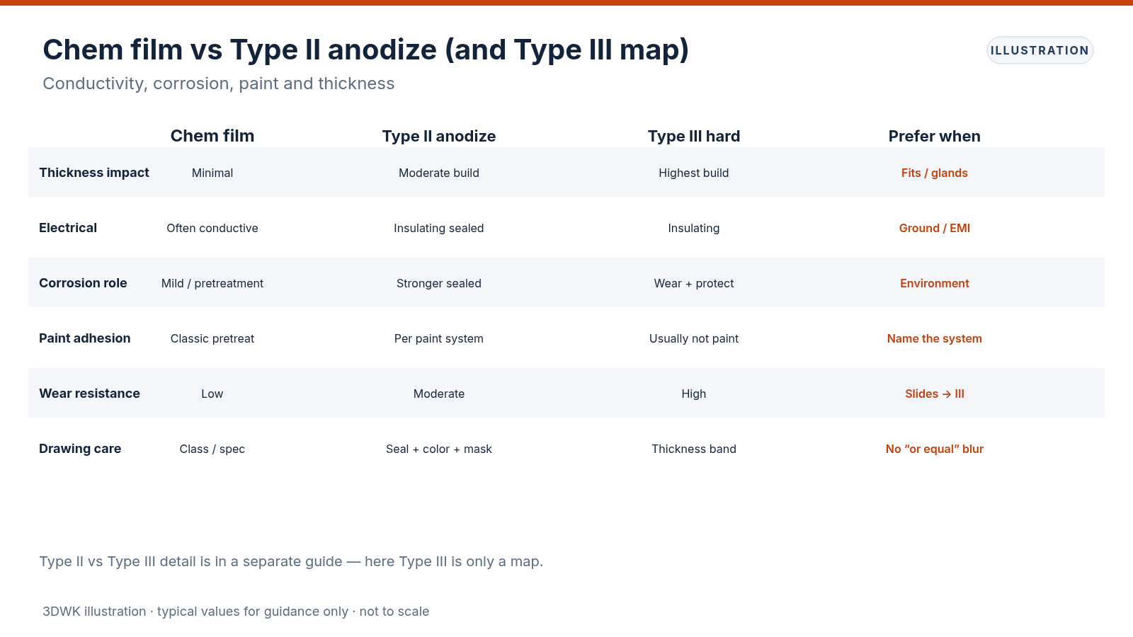 Comparison table of chem film, Type II anodize and Type III hardcoat for thickness, conductivity, corrosion and paint