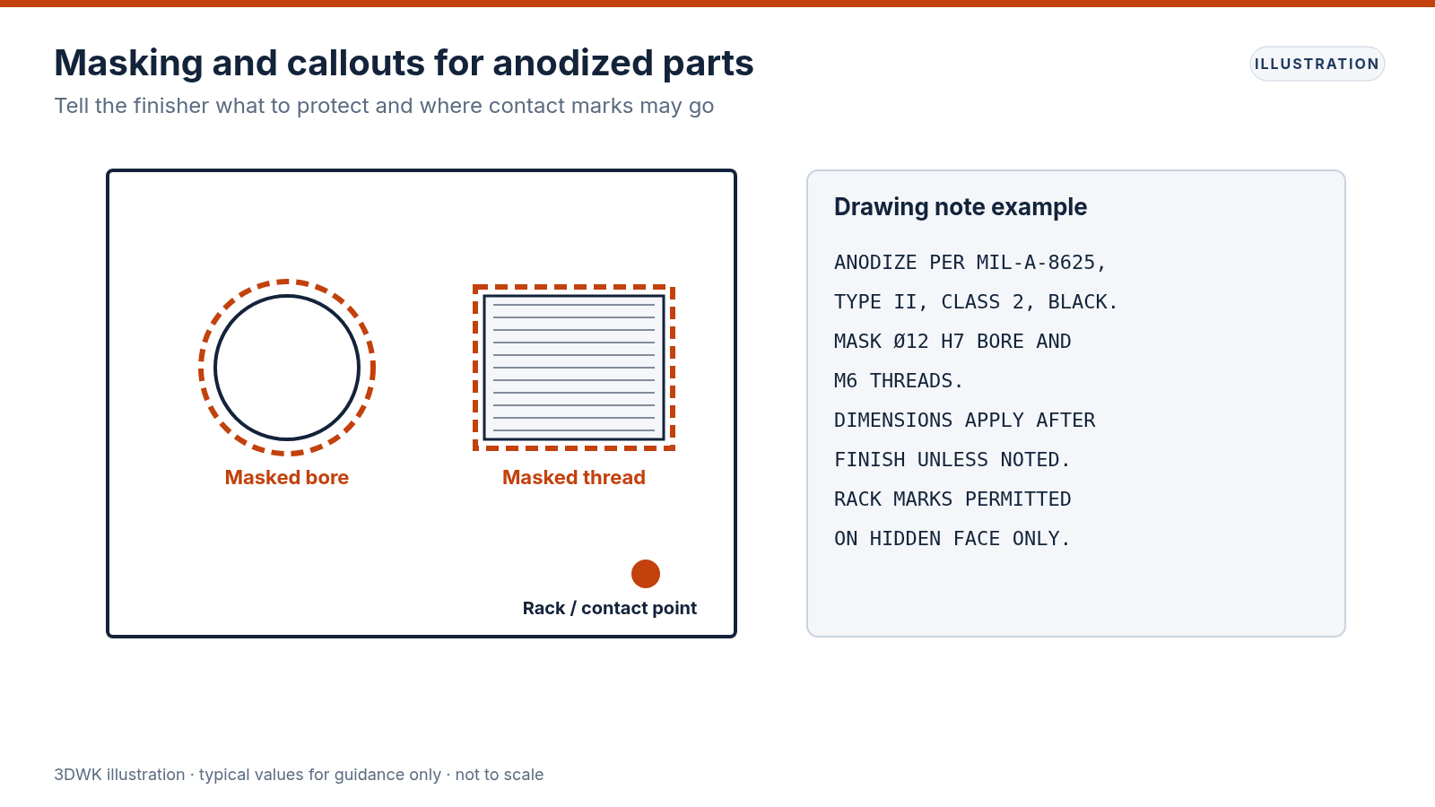 Diagram of an anodized part with masked threads, bore and ground contact area, and a rack contact point