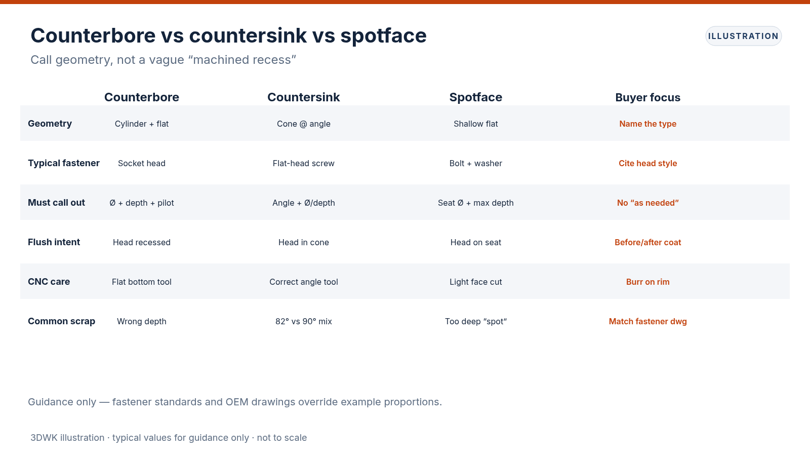 Comparison table of counterbore, countersink and spotface covering geometry, fasteners, callouts and CNC scrap risks