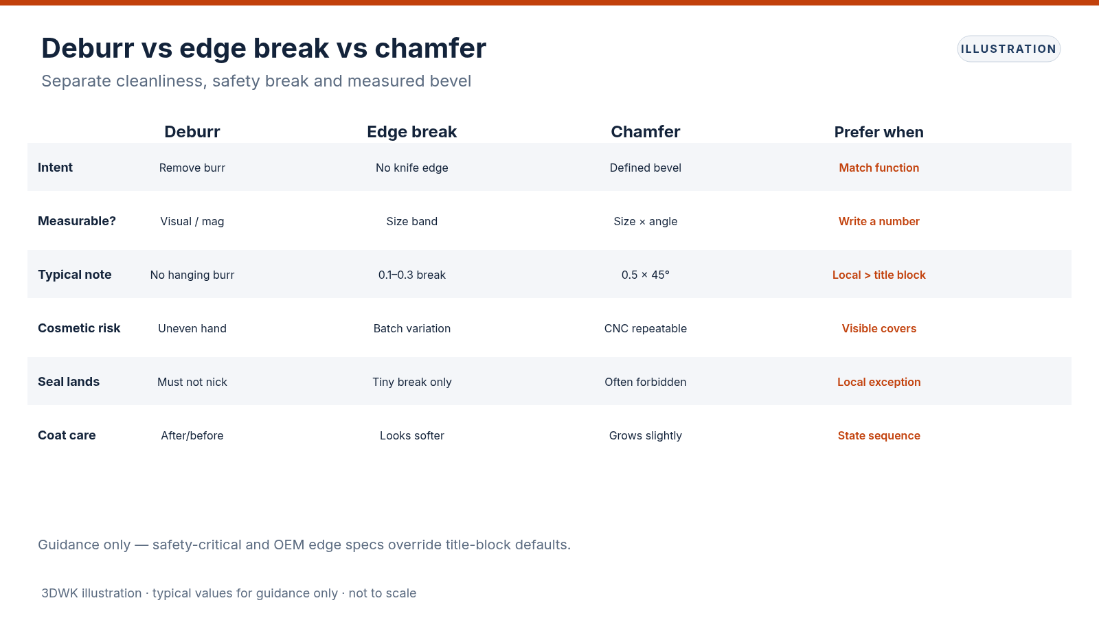 Comparison table of deburr, edge break and chamfer covering intent, measurability and seal-land care