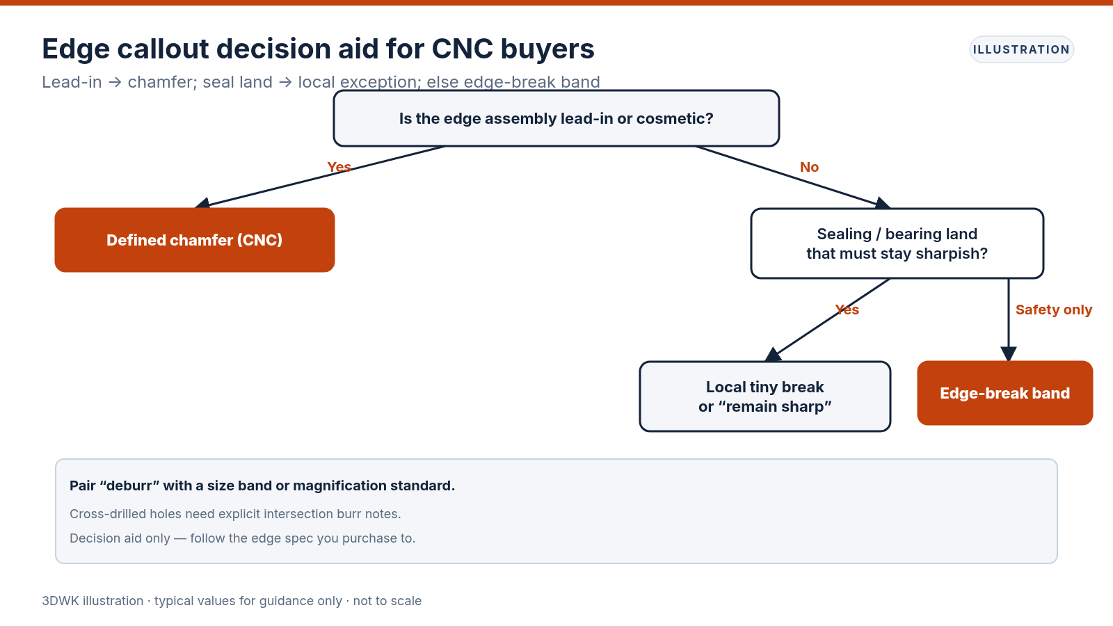 Decision flowchart choosing chamfer, local sharp exception or edge-break band from edge function