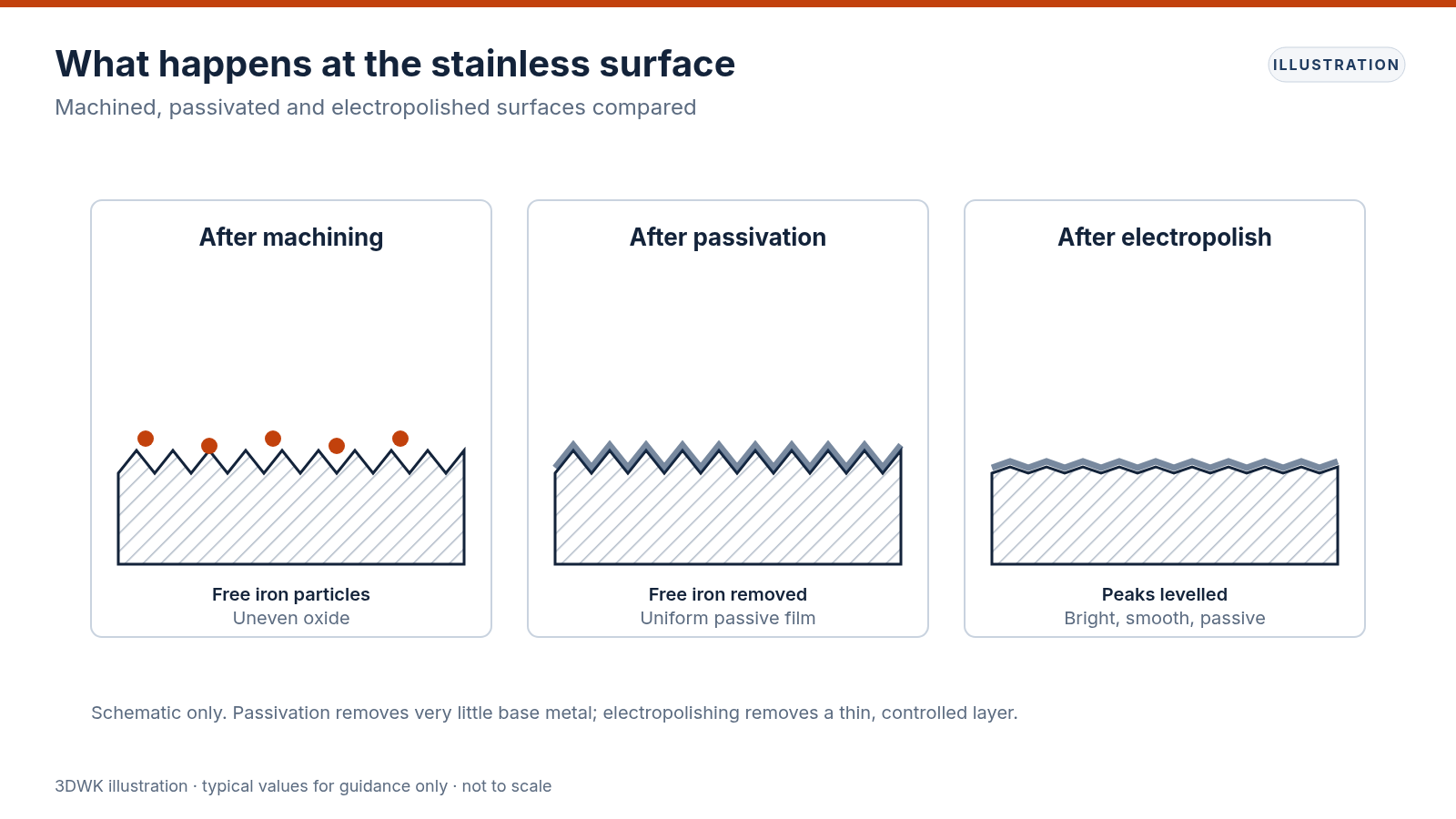 Micro-scale cross-section comparing a machined, passivated and electropolished stainless steel surface
