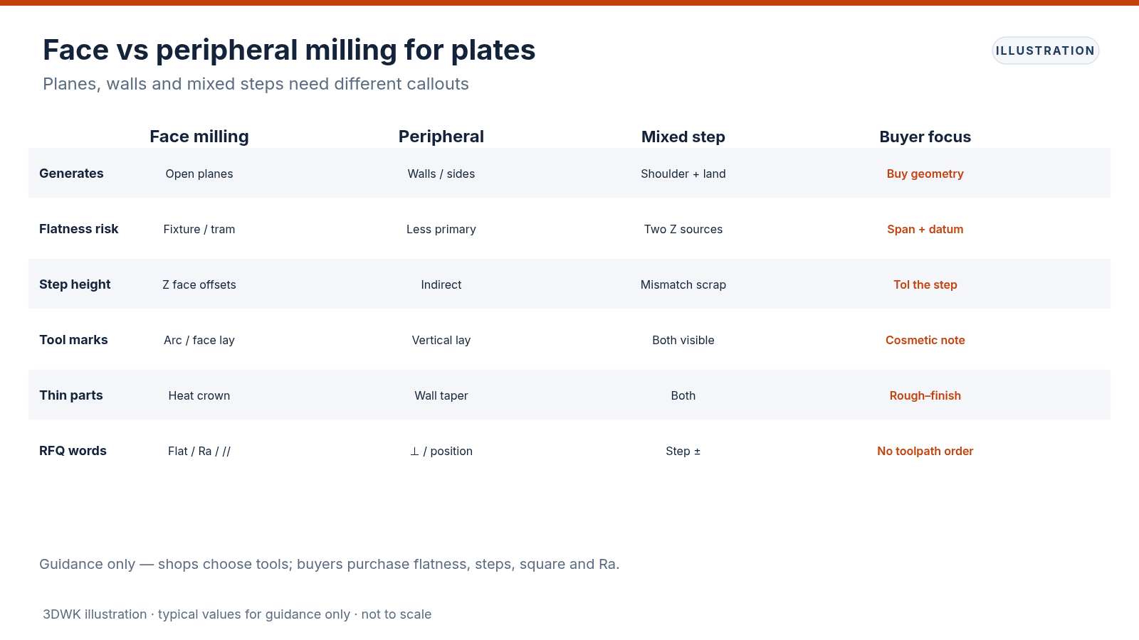 Comparison table of face milling, peripheral milling and mixed steps covering flatness, tool marks and RFQ words