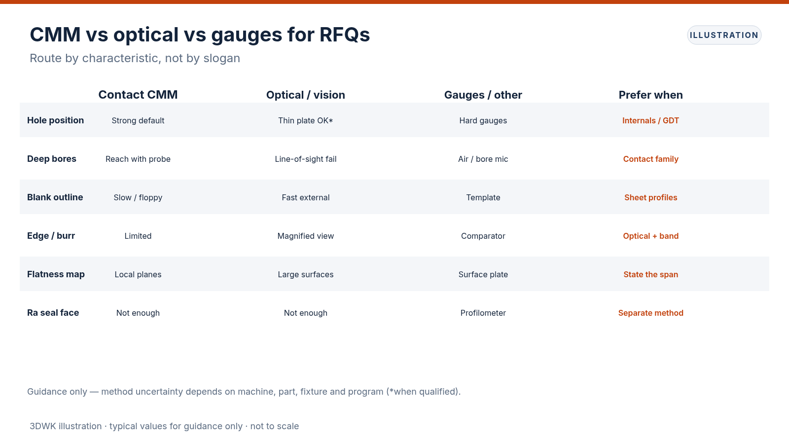 Comparison table of contact CMM, optical vision and gauges for hole position, bores, blanks, edges and Ra