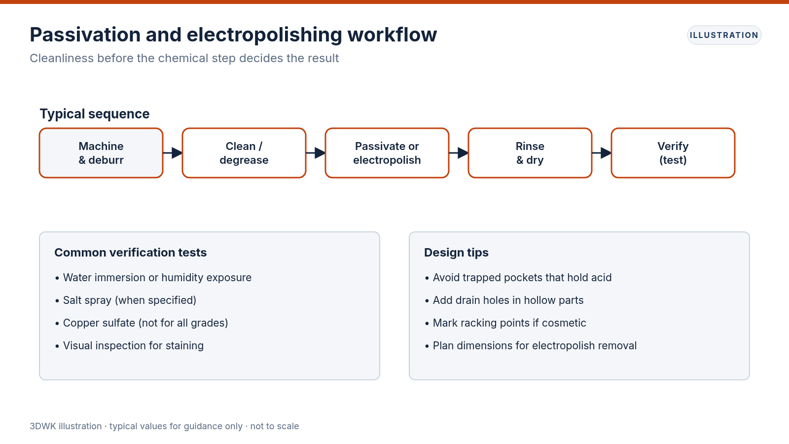 Process sequence for stainless parts from machining and deburring through cleaning, passivation or electropolishing, inspection and packaging