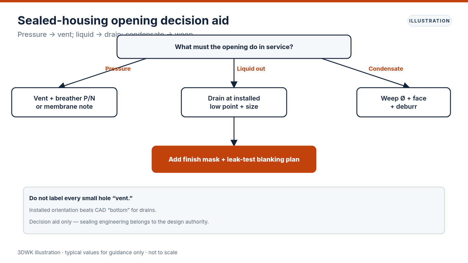 Decision flowchart routing pressure, liquid and condensate needs to vent, drain or weep callouts