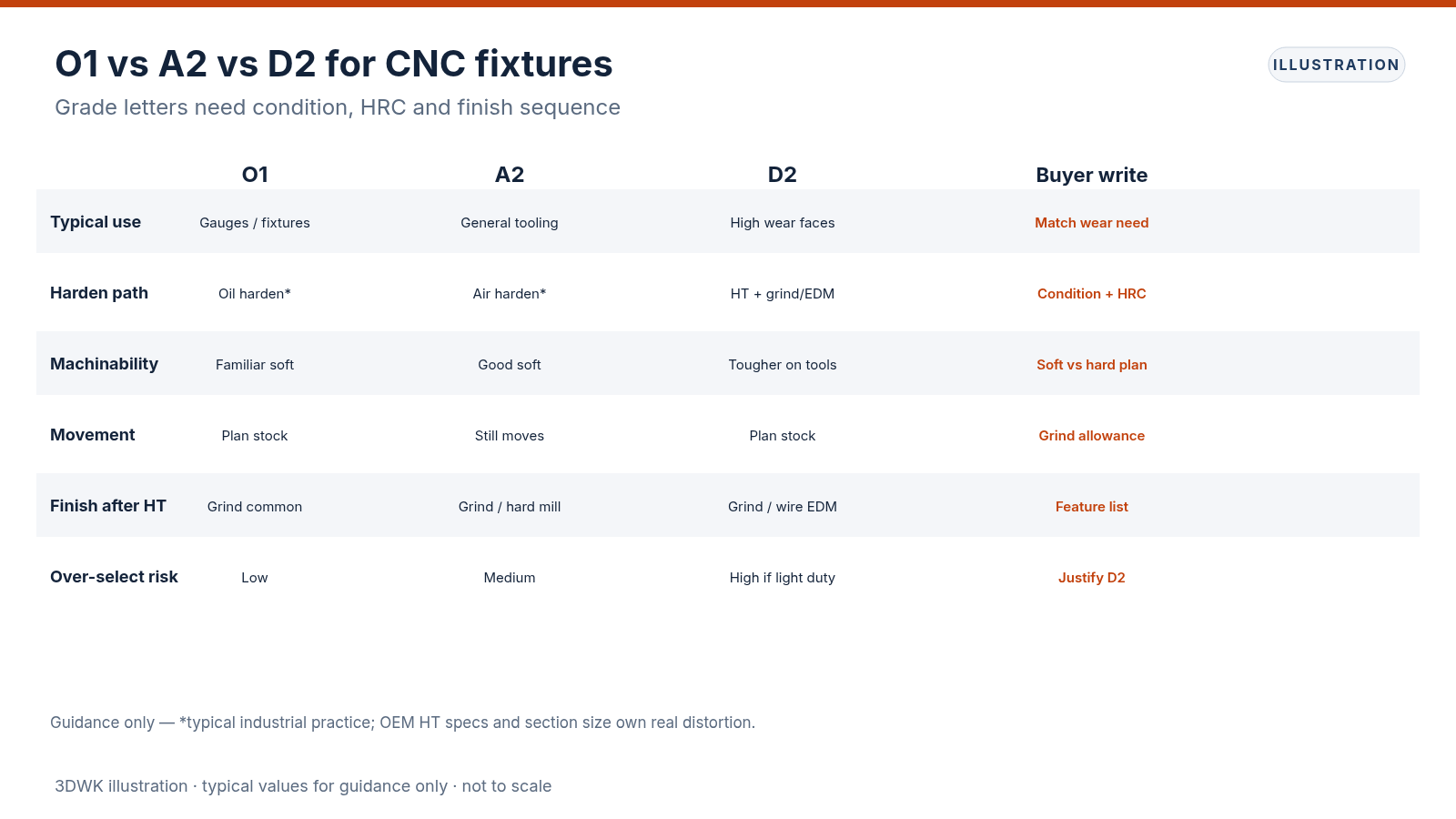Comparison table of O1, A2 and D2 tool steels for fixtures covering use, HT and finish notes