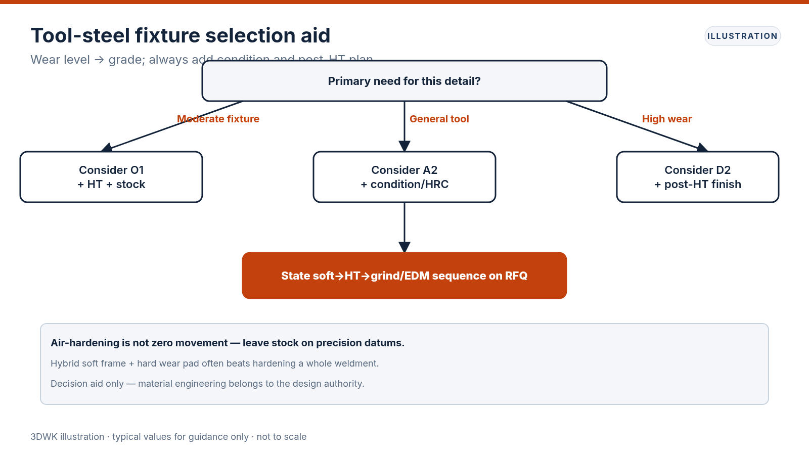 Decision flowchart routing moderate fixture, general tool and high-wear needs to O1 A2 or D2