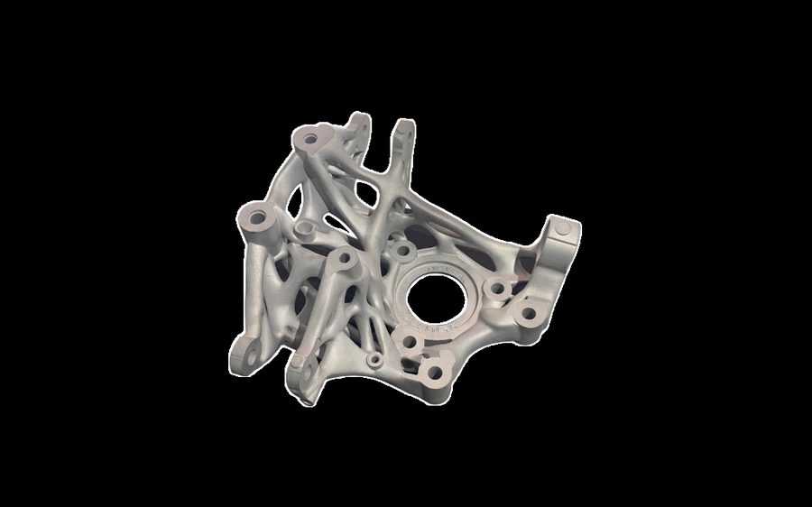 Topology-optimized metal additive automotive upright blank on black background