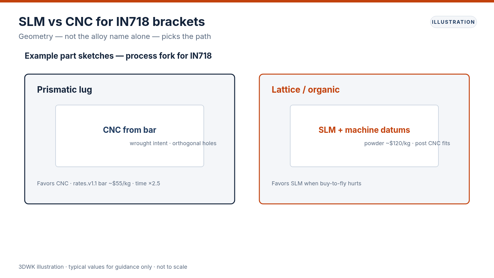 Example part process fork showing prismatic IN718 lug favoring CNC versus lattice bracket favoring SLM with machined datums