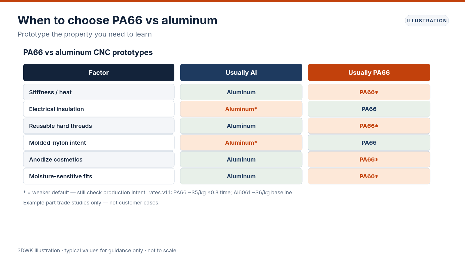 Decision matrix comparing PA66 and aluminum CNC prototypes for stiffness, insulation, threads and cosmetics