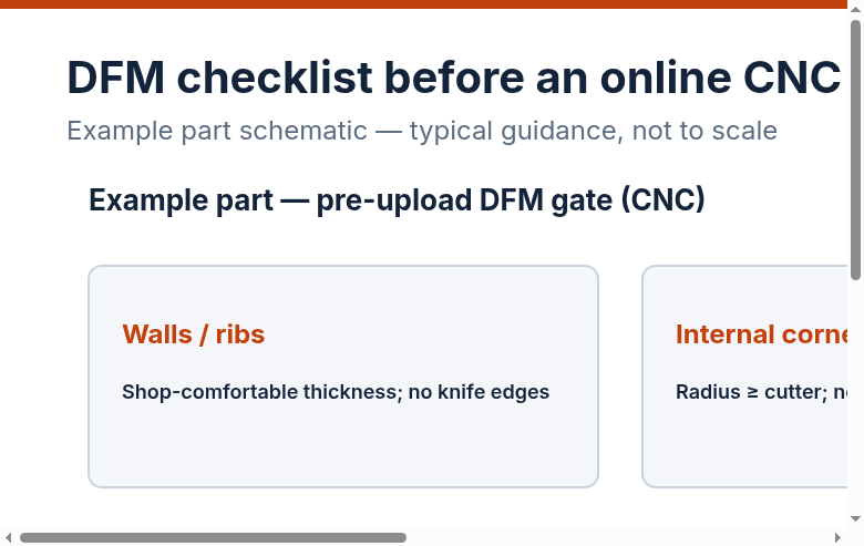 Example part pre-upload DFM gate covering walls, corners, threads, tolerances, finish scope and file pack