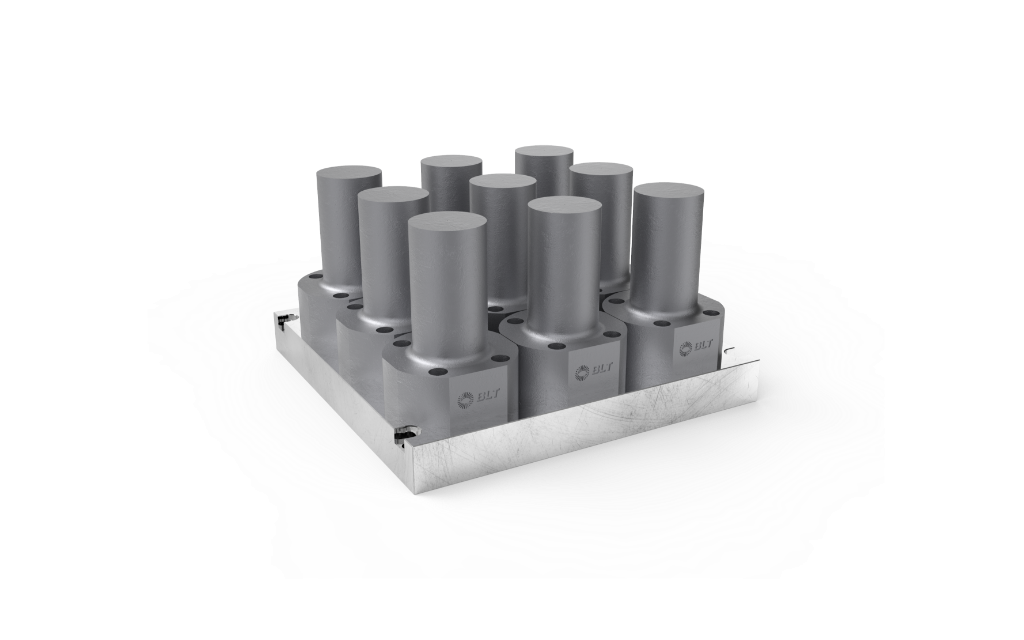 Batch of metal 3D printed flanged cylinders on a build plate