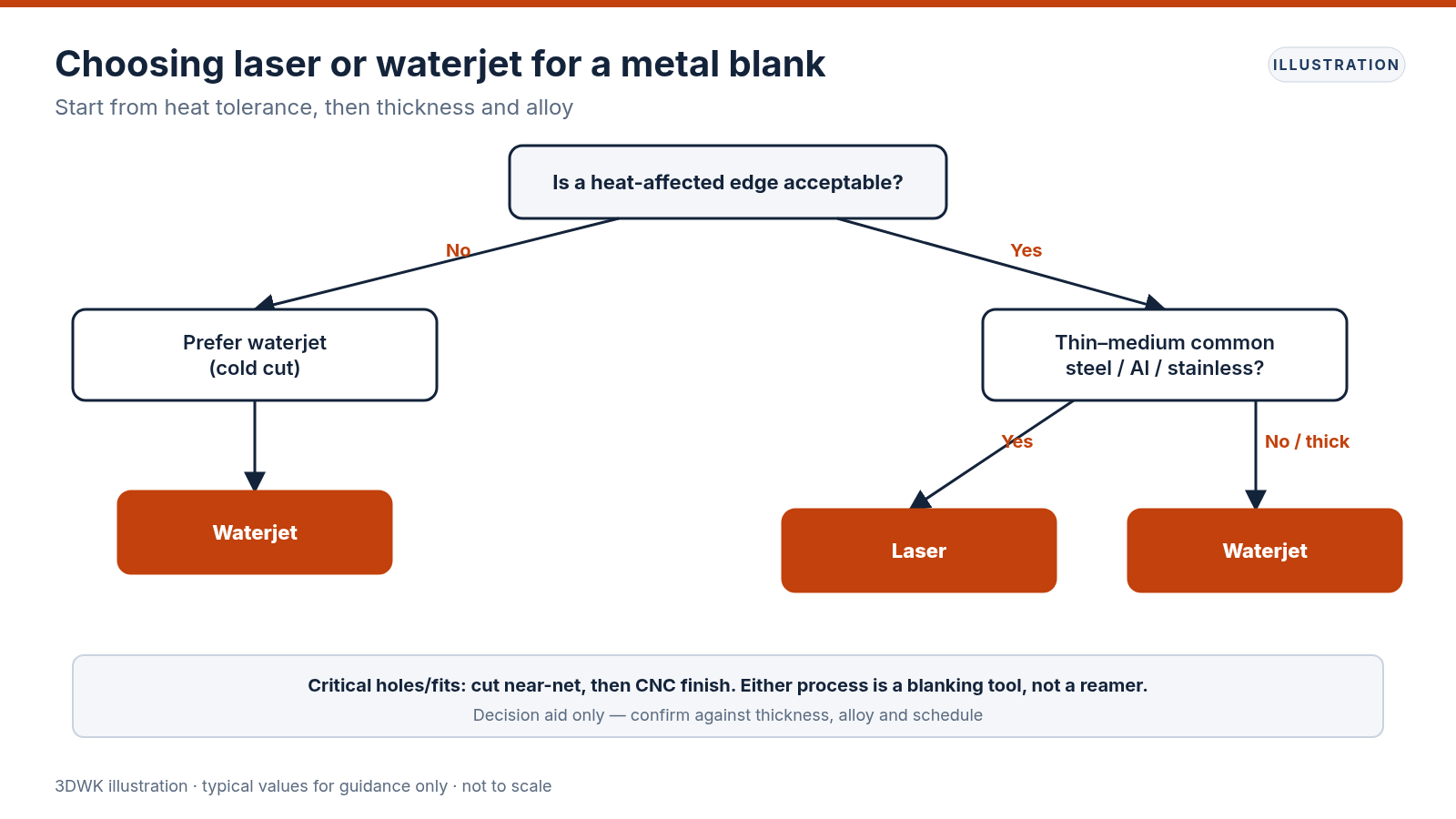 Decision flowchart choosing laser or waterjet based on heat-affected edge tolerance, thickness and alloy