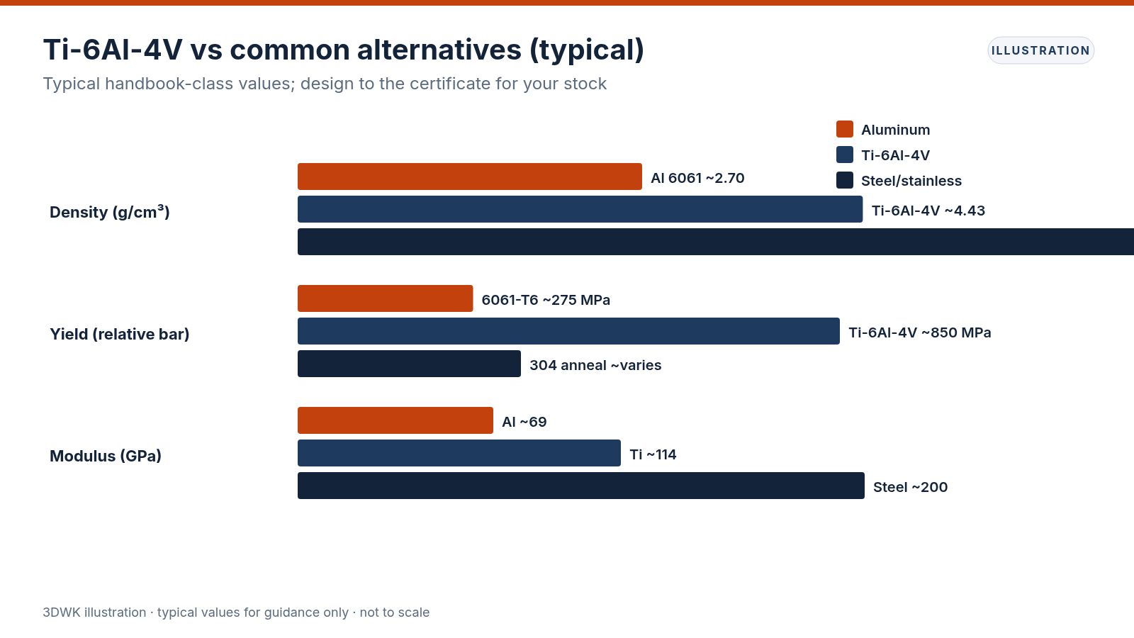 Bar chart comparing typical density, yield strength and elastic modulus of aluminum, Ti-6Al-4V and steel