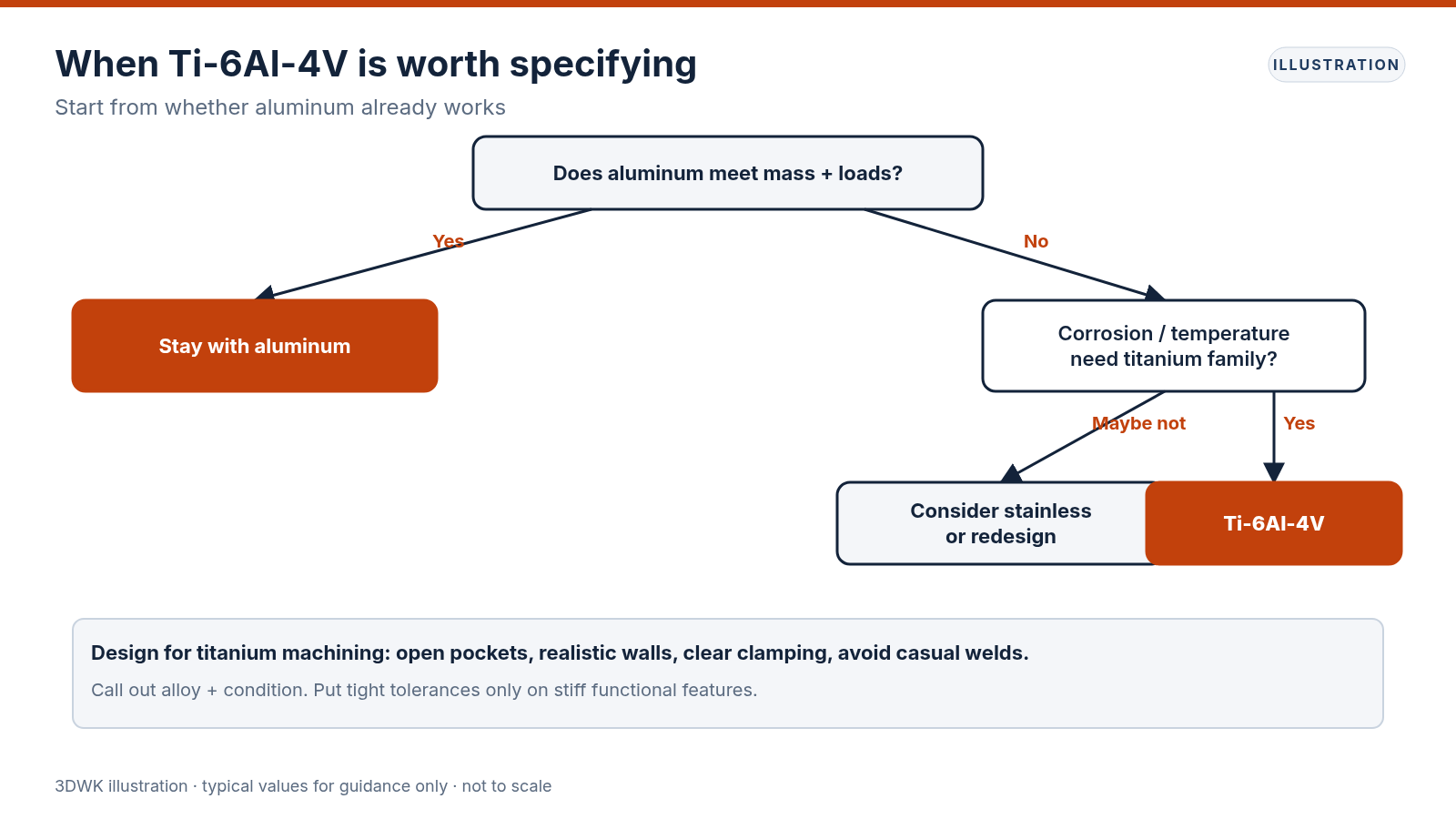 Decision flowchart for choosing Ti-6Al-4V versus aluminum or stainless based on mass, loads, corrosion and temperature