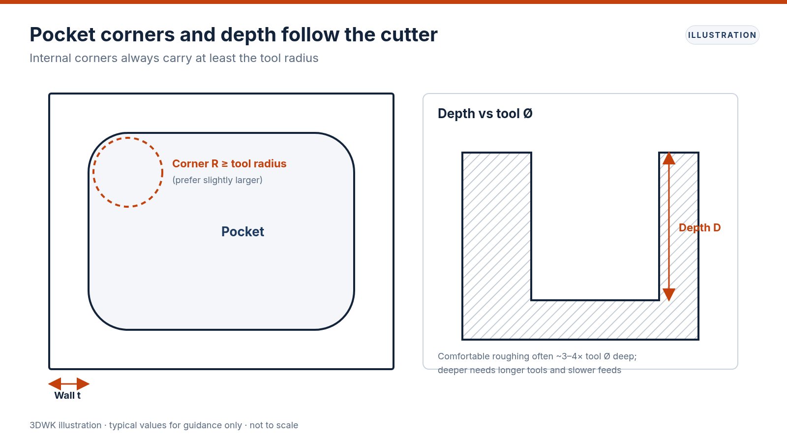 Diagram of a milled pocket showing internal corner radius tied to tool radius and section view of pocket depth versus tool diameter