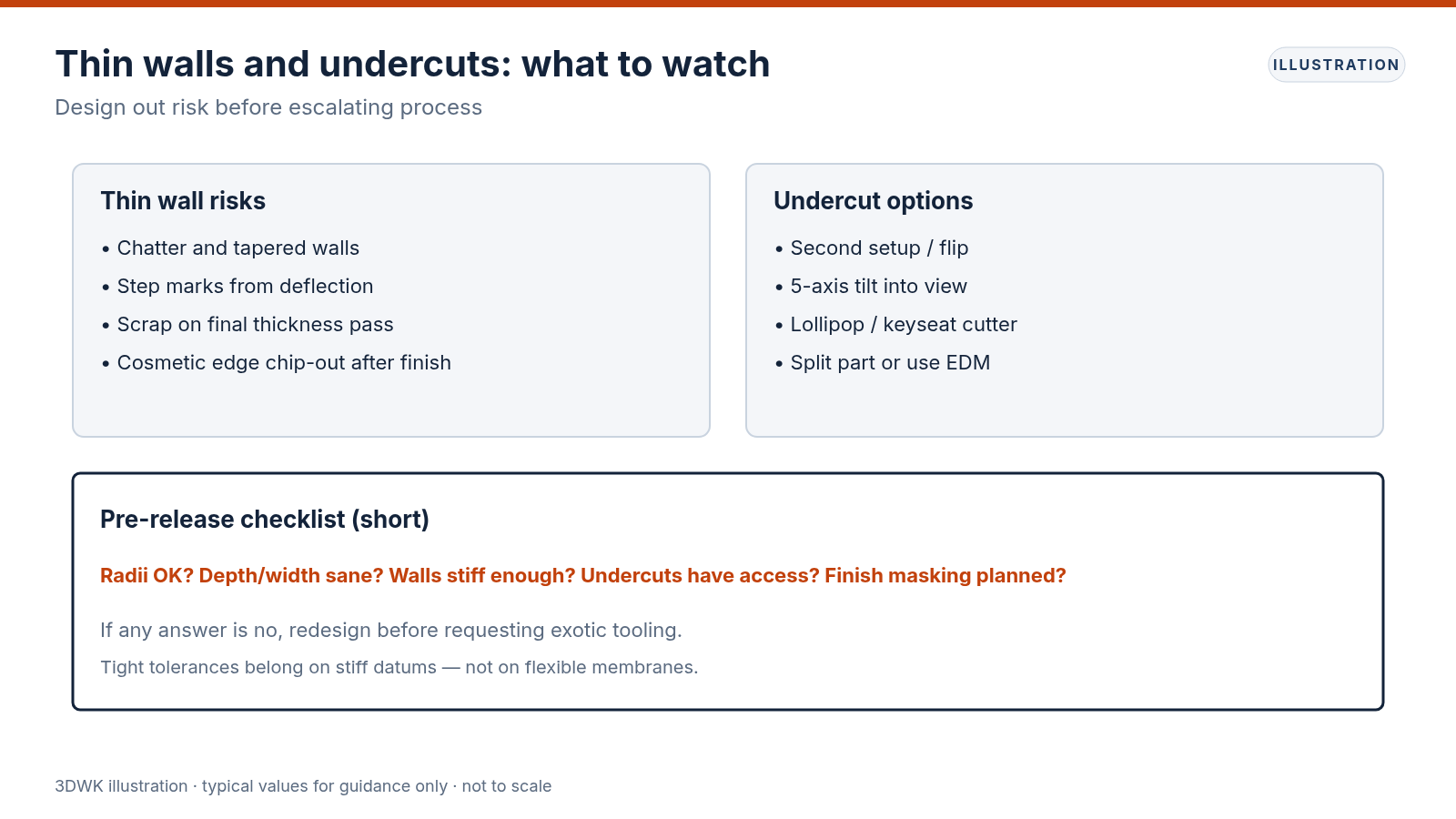 Checklist graphic covering thin-wall machining risks, undercut access options and a short pre-release design checklist