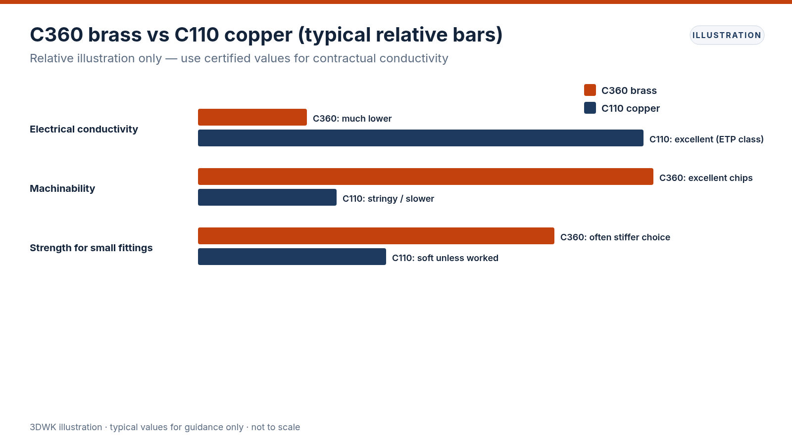 Relative bar chart comparing electrical conductivity, machinability and strength tendency of C360 brass versus C110 copper