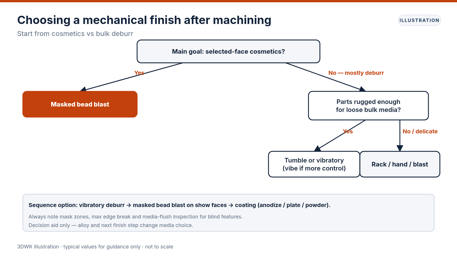 Decision flowchart choosing masked bead blast, tumble or vibratory finishing based on cosmetics versus bulk deburr