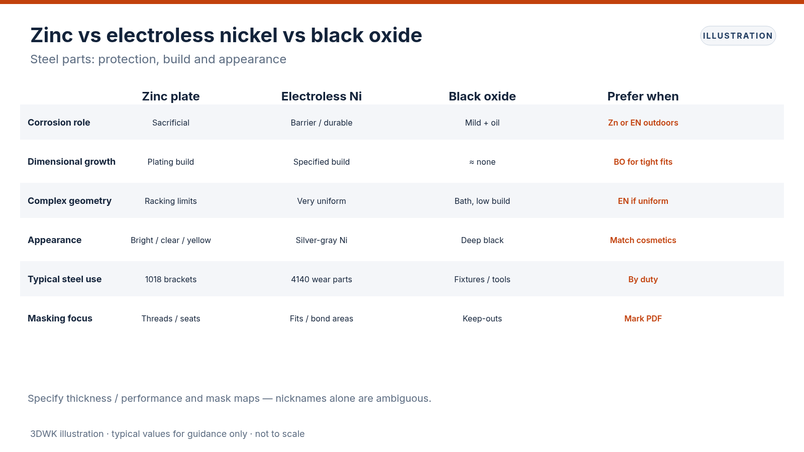 Comparison table of zinc plating, electroless nickel and black oxide covering corrosion role, dimensional growth, appearance and masking