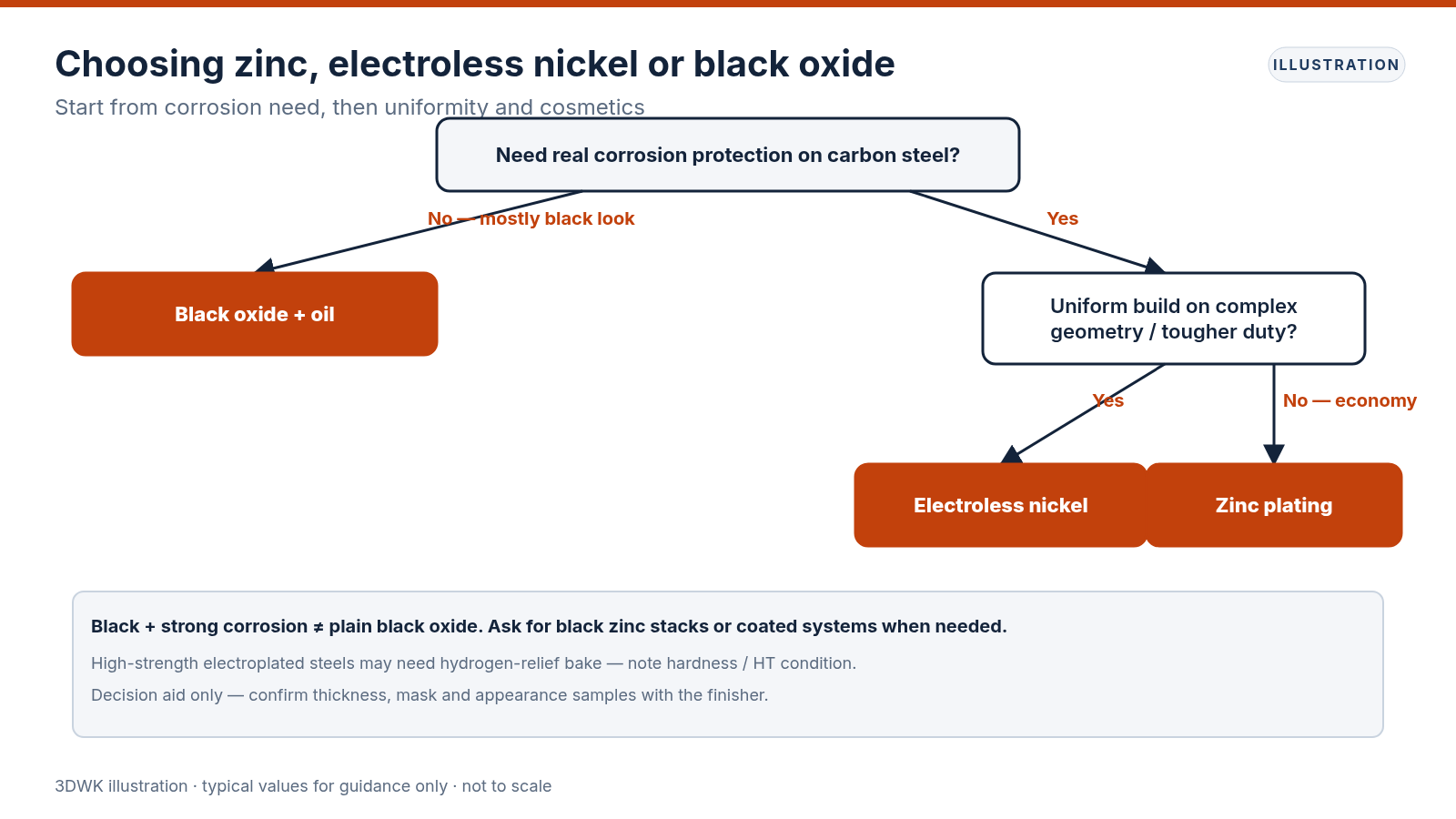 Decision flowchart choosing black oxide, zinc plating or electroless nickel based on corrosion need and geometry uniformity